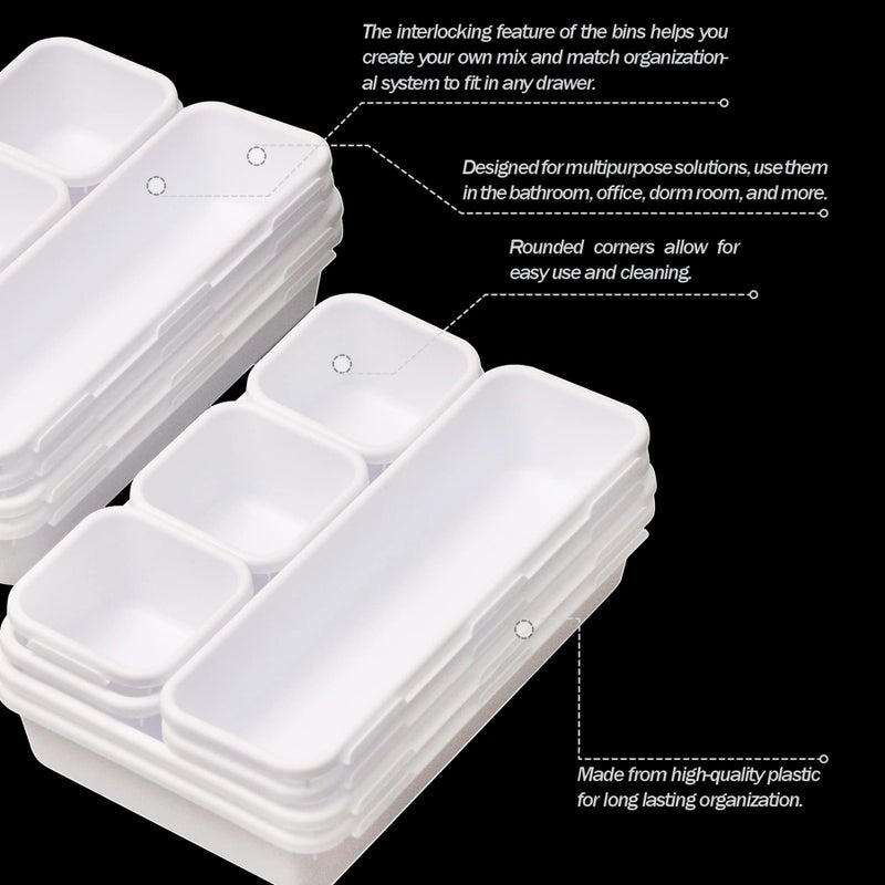 TENABORT Set of 16 Interlocking Desk Drawer Organizer Tray Dividers Plastic Shallow Narrow Drawers Organizers Separators Storage Bins Container for Kitchen Bathroom Makeup Office Vanity Bedroom Dresser White - Image 4